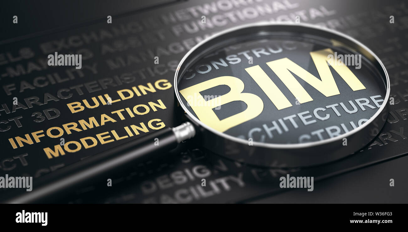 Lupe mit Fokus auf die Abkürzung BIM (Building Information Modeling) in goldenen Buchstaben auf schwarzem Hintergrund geschrieben. 3D-Darstellung. Stockfoto