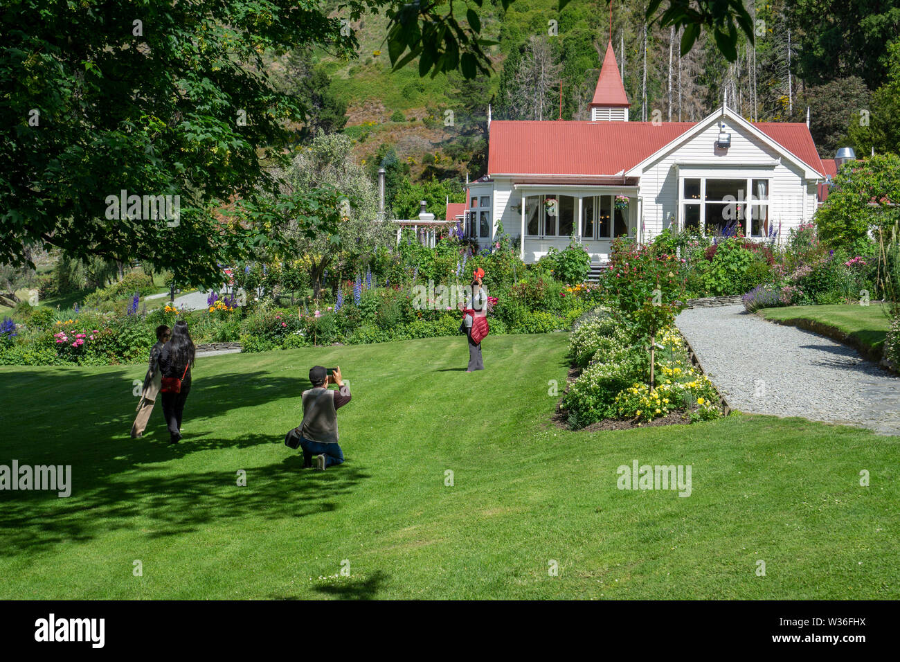 Colonel's Homestead, Walters Peak Farm auf Lake Wakatipu nahe Queenstown, Neuseeland. Ein Teil der Station zu Station Radweg. Stockfoto