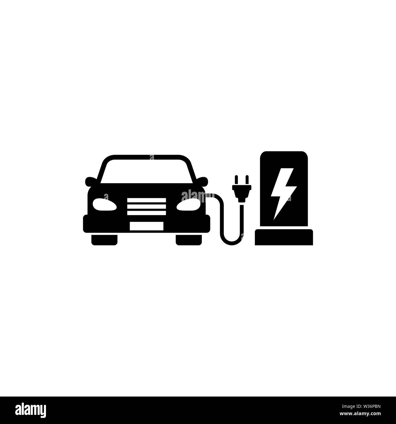 Elektroauto Ladestation. Flache Vektor Icon. Einfach schwarzes Symbol auf weißem Hintergrund Stock Vektor