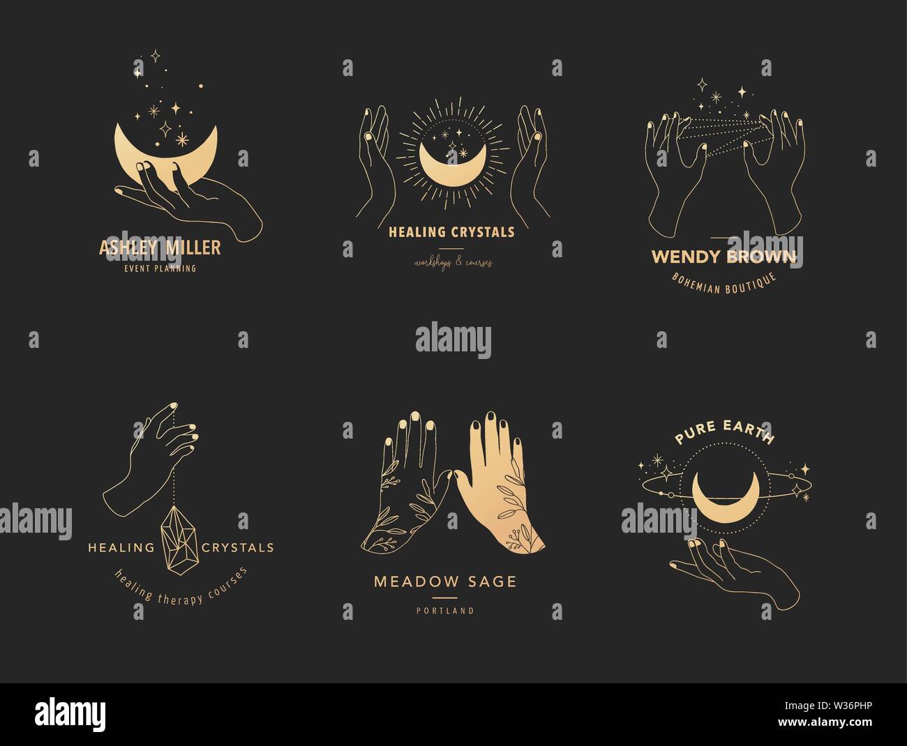 Sammlung von feinen, Hand gezeichnet style Logos und Symbole der Hände. Esoterische, Mode, Hautpflege und Hochzeit Konzept Illustrationen. Vecor Design Vorlagen Stock Vektor