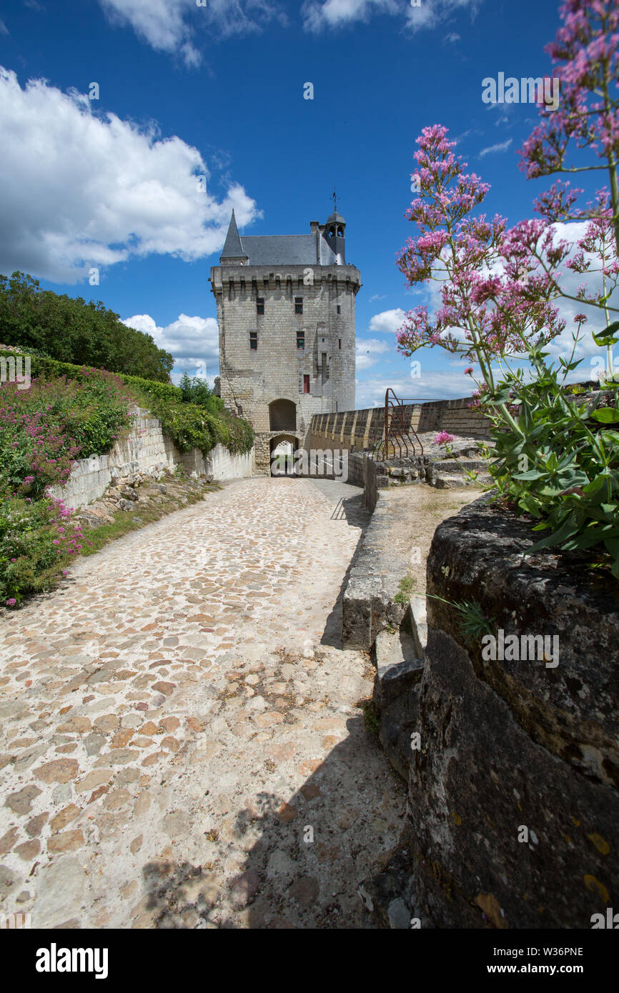 Chinon, Frankreich. Malerische Ansicht der Festung Royal mit der Clock Tower im Hintergrund. Stockfoto