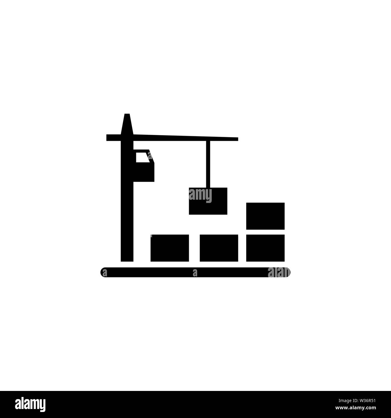 Turmdrehkran mit Container. Flache Vektor Icon Abbildung. Einfach schwarzes Symbol auf weißem Hintergrund. Turmdrehkran mit Container sign Design vorlage fo Stock Vektor
