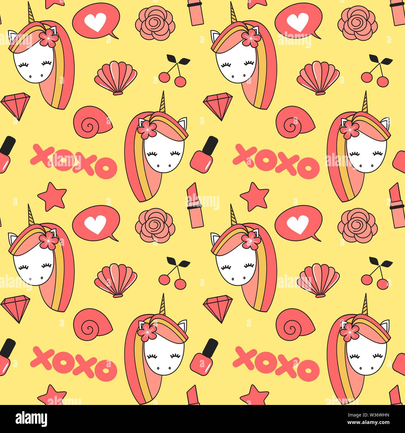 Süße schöne nahtlose Vektor Muster Hintergrund Abbildung mit Einhorn, Seashell, Sterne, Nagellack, Blumen, Lippenstift, Diamant und Kirschen Stock Vektor
