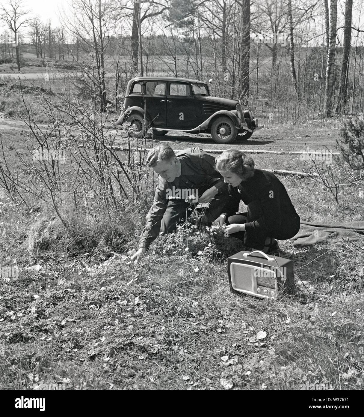 Lifestyle in den 1950er Jahren. Ein junges Paar in ein Auto fahren in der Landschaft, hat aufgehört ein paar Blumen auf den Straßenrand zu holen. Sie haben einen tragbaren Radio recieiver zusammen und hört sie an gebracht. Schweden 1952. Kristoffersson Ref BF 77-5. Stockfoto