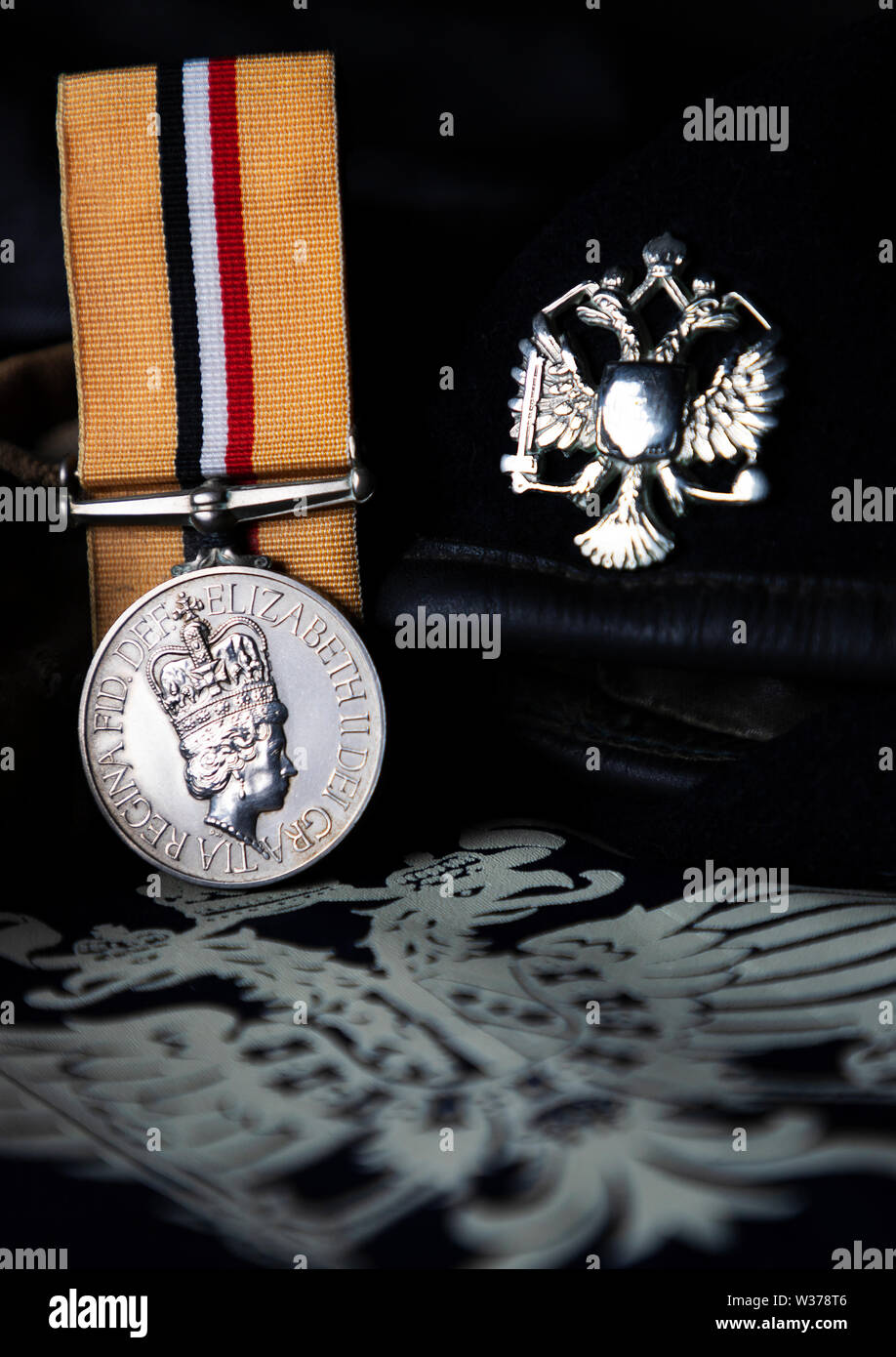 Foto: © Jamie Callister. Irak Medaille und mützenabzeichen der 1 Queen's Dragoon Guards, Corwen, Denbighshire, North Wales, 6. Juli, 2019 Stockfoto