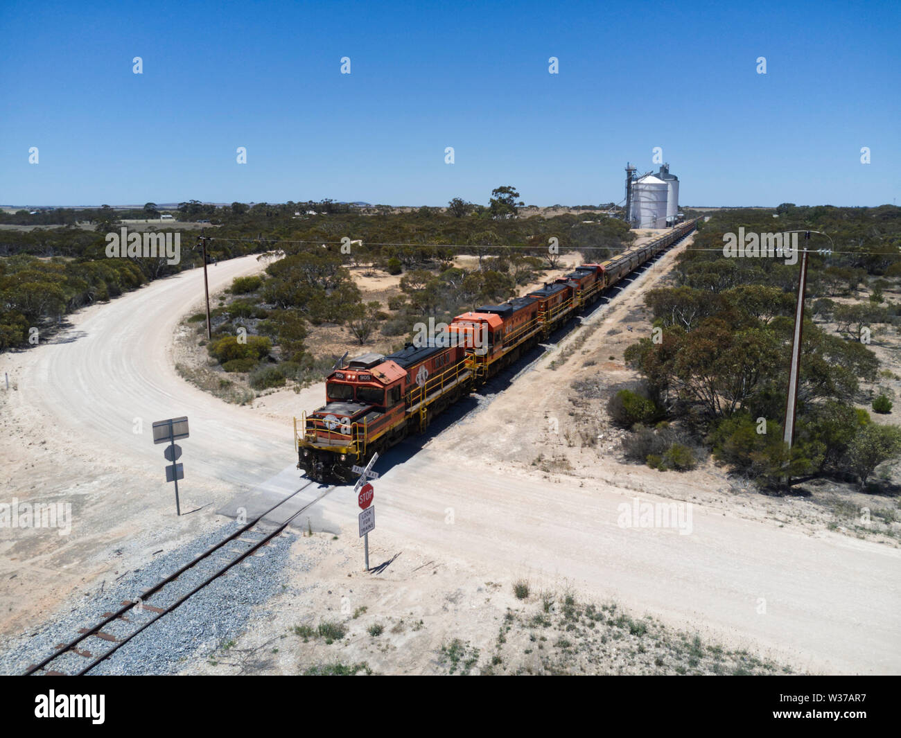 Diesel-elektrische Korn Zug am Bahnübergang Eyre Peninsula South Australia Stockfoto