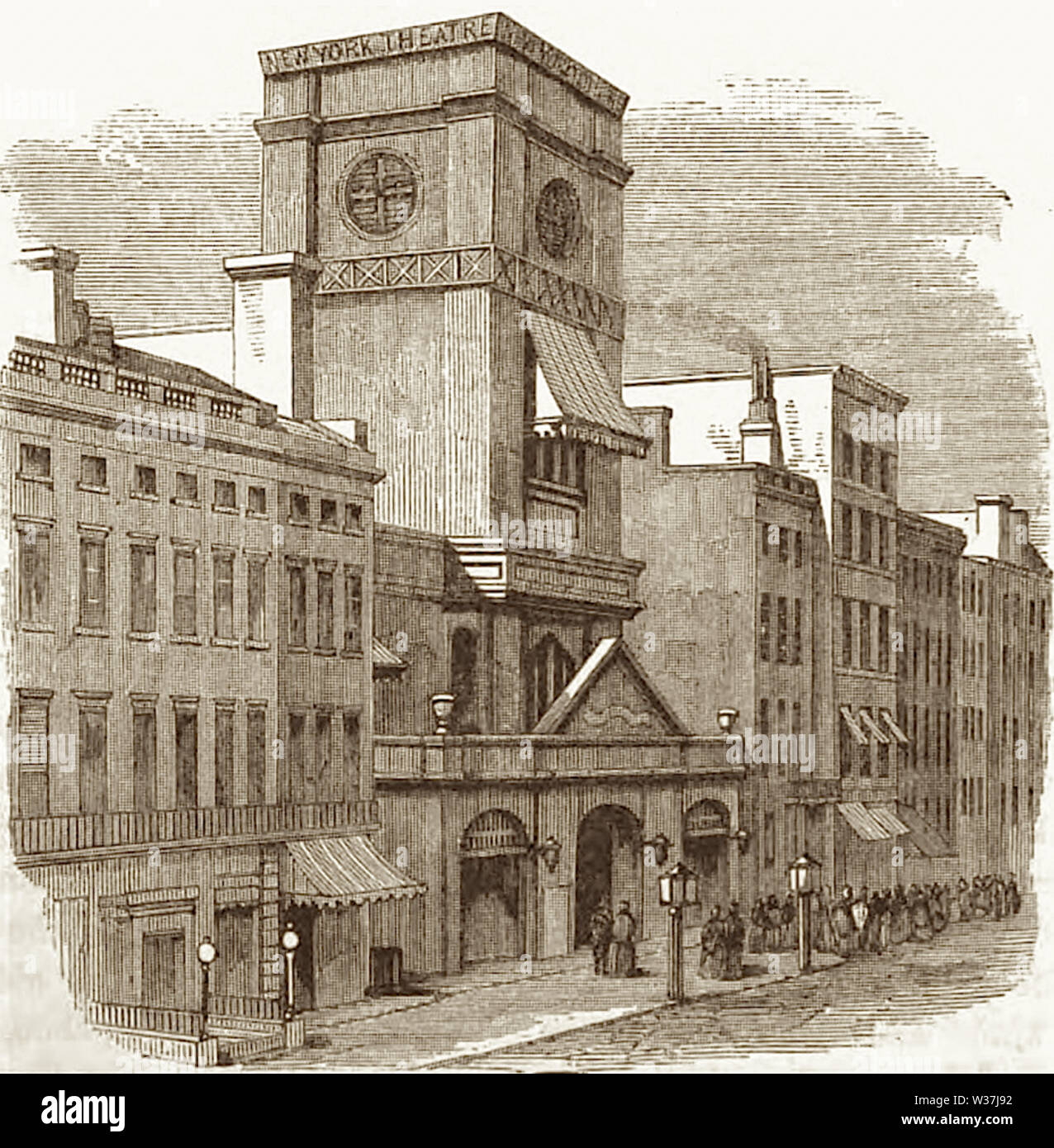Nach Osten und Süden am Broadway gegenüber Waverly Place, in New York City. Als Kirche erbaute Theater viele Male den Namen gewechselt, wie unten aufgeführt, siehe Braun, Thomas Allston eine Geschichte der New Yorker Bühne, Bd. 2, S. 376 ("Das Athenaeum") - 398 (Dodd, Mead und Unternehmen; New York; 1903) 1839 Die Kirche des Messias Athenaeum 1865 (A. T. Stewart, Eigentümer) 1865 Lucy Rushton's Theater 1866 New York Theater (Lewis Bäcker und Mark Smith, Manager) 1867 Die Worrell Schwestern' New York Theater 1868 New York Theater 1868 Die Worrell Schwestern' Theater 1870 das Globe Theatre 1871 Nixon bin Stockfoto