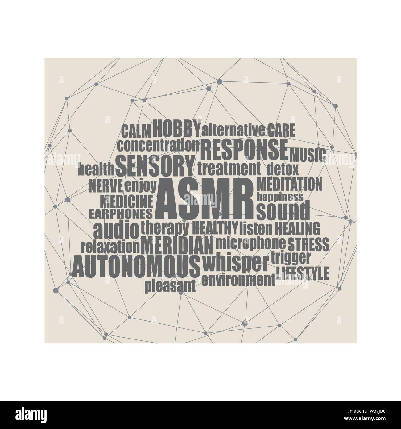 Akronym ASMR-autonomen Sensorische Meridian Antwort. Health Care konzeptionelle Bild. Angeschlossene Leitungen mit Punkten. Wort Wolke Stock Vektor
