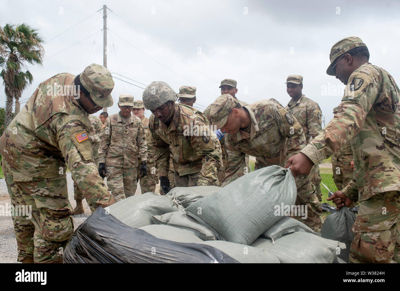 Army National Guard Soldaten der 2225 Multi-rolle Brücke Unternehmen füllen Sandsäcke in einer Marina in der Nähe und andere Vorbereitung Arbeit tun. New Orleans und anderen Teilen der Golf von Mexiko der Tropische Sturm Barry landfall machen vorbereiten, mit einem katastrophalen Niederschlag. Mit Wasser des Mississippi River hoch und ein Sturm im Golf von Mexiko bilden, die erwartet wird, Landfall auf der Louisiana und Texas Küsten zu machen, befürchten viele, dass Deiche versagen, und dass New Orleans erneut überflutet, so schlecht wie es war in der Zeit nach 2004 von Hurrikan Kartina werden. Stockfoto Army National Guard Soldaten der 2225 Multi-rolle Brücke Unternehmen füllen Sandsäcke in einer Marina in der Nähe und andere Vorbereitung Arbeit tun. New Orleans und anderen Teilen der Golf von Mexiko der Tropische Sturm Barry landfall machen vorbereiten, mit einem katastrophalen Niederschlag. Mit Wasser des Mississippi River hoch und ein Sturm im Golf von Mexiko bilden, die erwartet wird, Landfall auf der Louisiana und Texas Küsten zu machen, befürchten viele, dass Deiche versagen, und dass New Orleans erneut überflutet, so schlecht wie es war in der Zeit nach 2004 von Hurrikan Kartina werden. Stockfoto