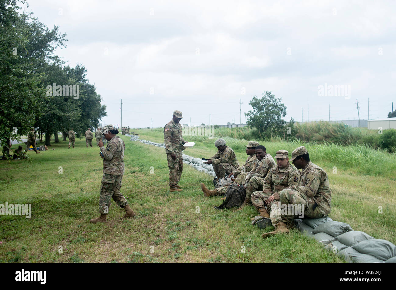 Army National Guard Soldaten der 2225 Multi-rolle Brücke Unternehmen füllen Sandsäcke in einer Marina in der Nähe und andere Vorbereitung Arbeit tun. New Orleans und anderen Teilen der Golf von Mexiko der Tropische Sturm Barry landfall machen vorbereiten, mit einem katastrophalen Niederschlag. Mit Wasser des Mississippi River hoch und ein Sturm im Golf von Mexiko bilden, die erwartet wird, Landfall auf der Louisiana und Texas Küsten zu machen, befürchten viele, dass Deiche versagen, und dass New Orleans erneut überflutet, so schlecht wie es war in der Zeit nach 2004 von Hurrikan Kartina werden. Stockfoto