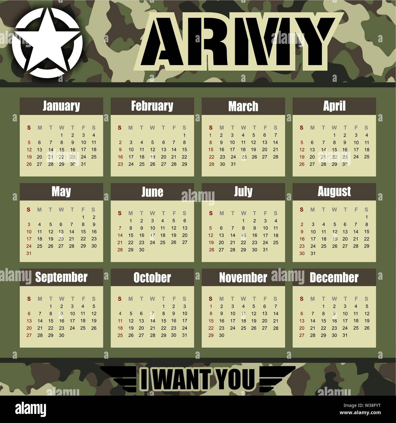 Jahreskalender in der Armee betrifft, mit der Option, schnell hinzufügen, Unternehmensdaten, neben Änderungen in Tarnfarben und in der Basis der Monate. Stock Vektor