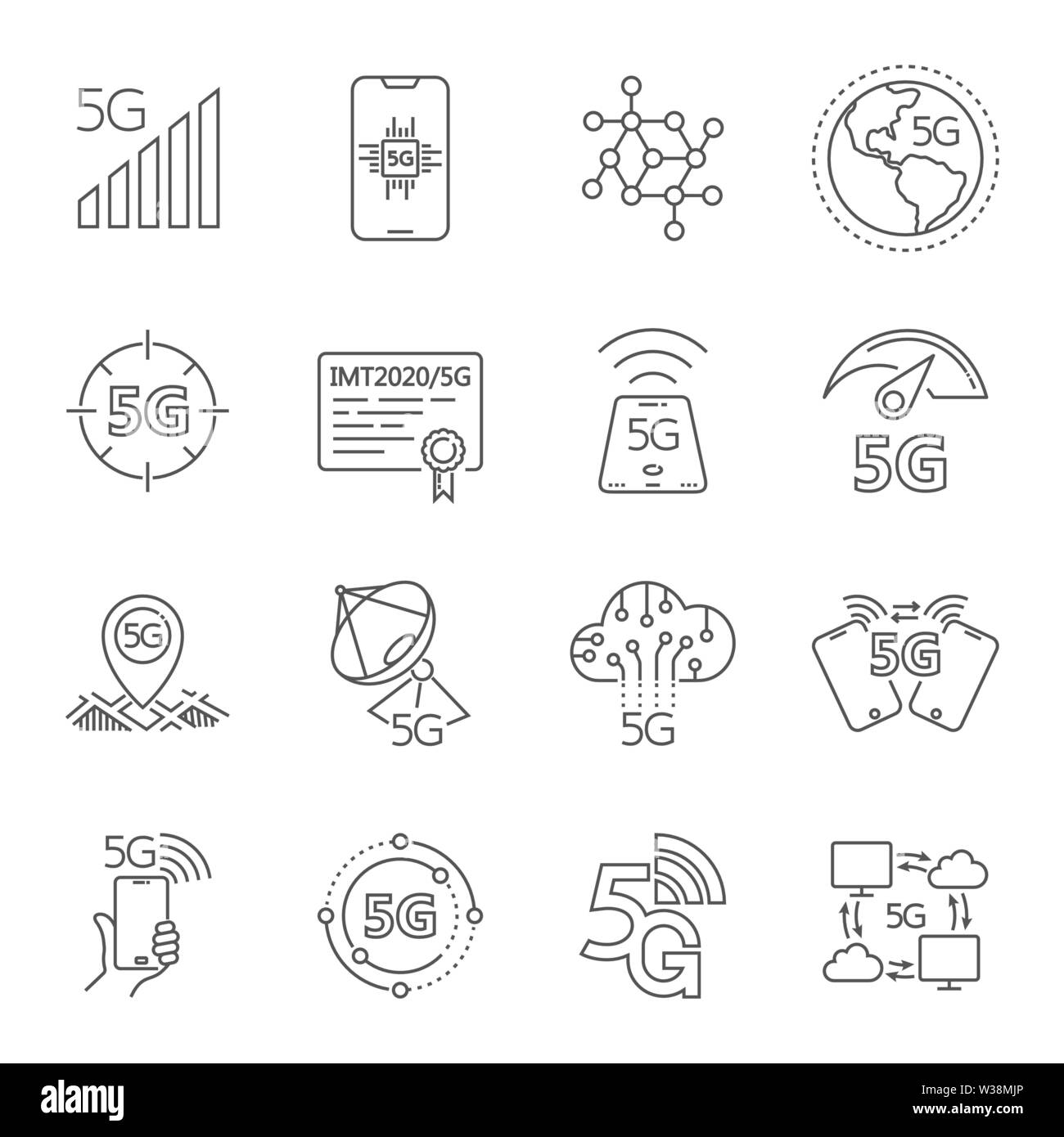 Symbole auf dem Thema der 5. Generation, 5G Mobile Communication Standard gesetzt. 5 G lineare Symbole für Apps, Web, Benutzeroberfläche und Andere. Bearbeitbar Stock Vektor