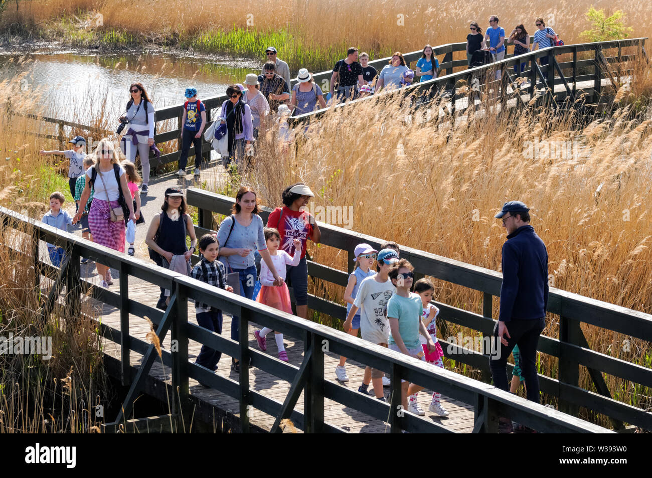 Schulkinder besuchen WWT London Wetland Centre in The Barnes, London, England, Vereinigtes Königreich, Großbritannien Stockfoto