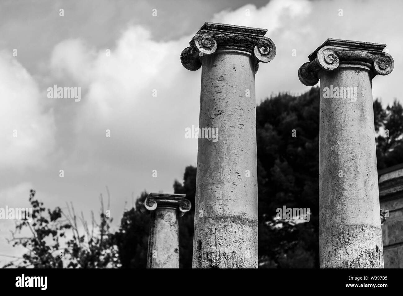 Drei schwarze und weiße Ionische Ordnung, klassischen Säulen. Stockfoto