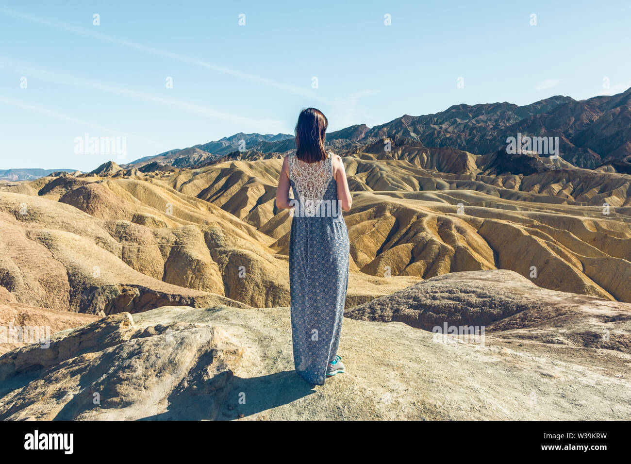 Wüste Wandern. Golden Canyon Blick vom Zabriskie Point, Death Valley National Park Stockfoto