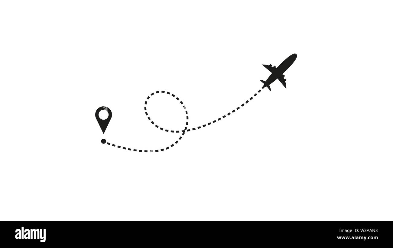 Tourismus und Reisen. Flugzeug Linie Pfad auf weißem Hintergrund. Vektor Icon von Flugzeug Flug route Mit gestrichelte Linie, Punkt beginnen und Stock Vektor