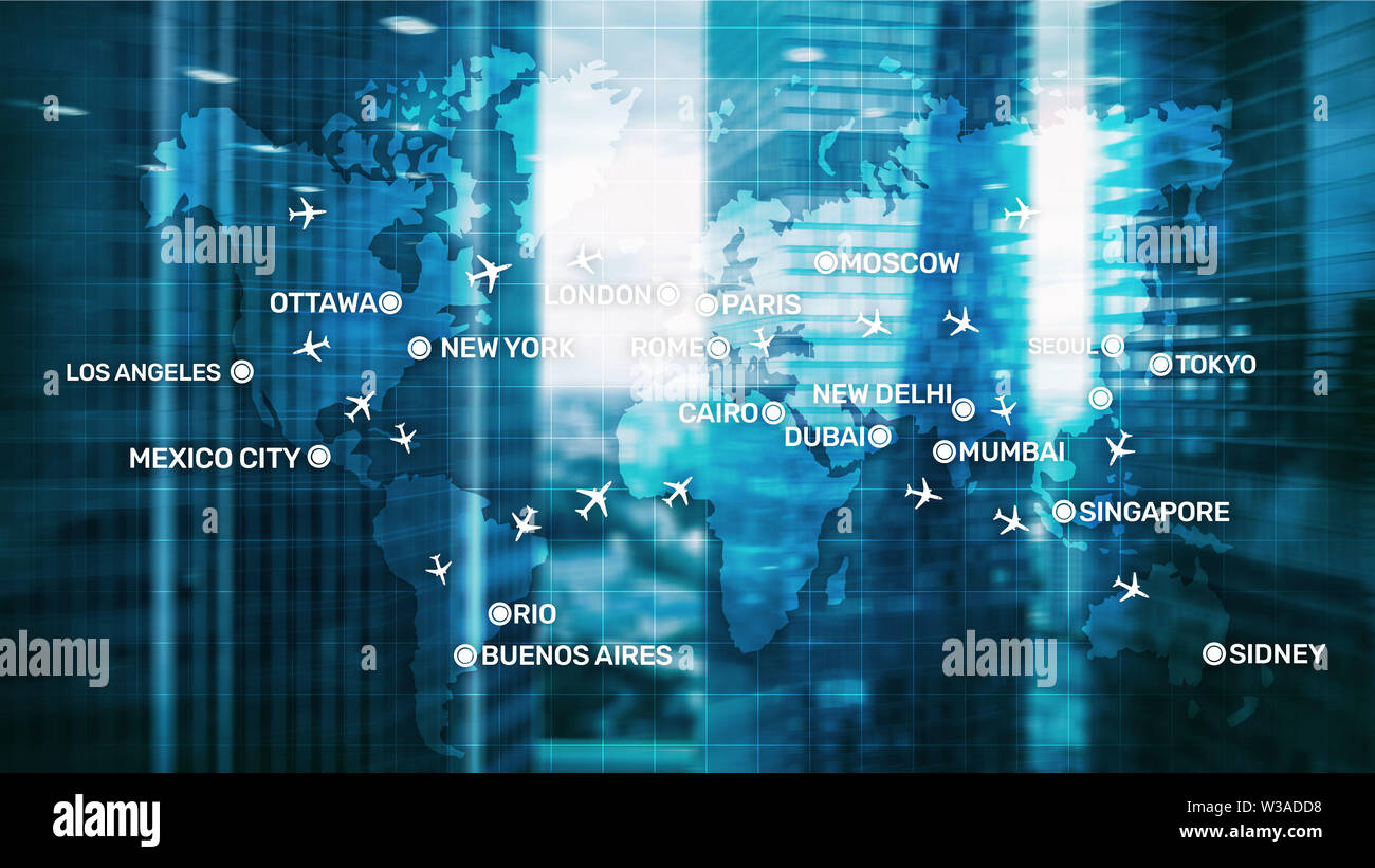Global Aviation Abstrakt Hintergrund mit Flugzeugen und Ortsnamen auf der Karte. Business Travel Transportkonzept. Stockfoto