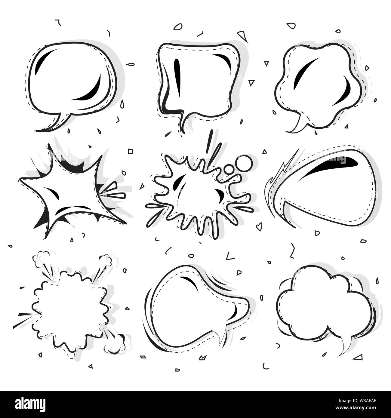 Cartoon Sprechblase schwarz weiß Vektor einrichten, Sprechblase in der Pop Art stylem, Comic, Bubble für Diskussion und Kommunikation, Pop Art Nachricht, Tal Stock Vektor