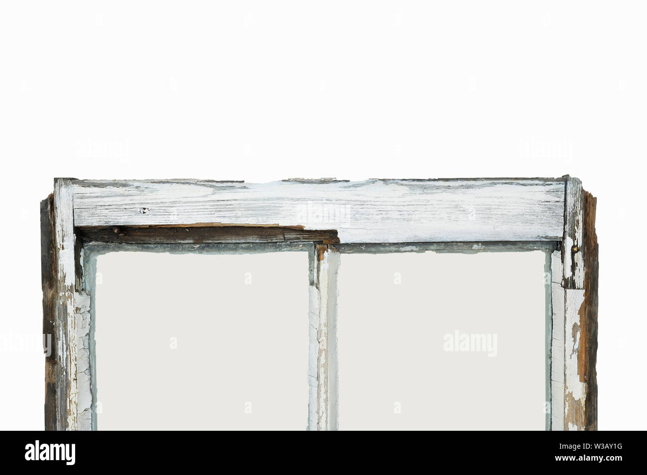 In der Nähe der faulen Schiebefenster Rahmen gegen weißen Hintergrund. Schiebefenster Restaurierung. Stockfoto