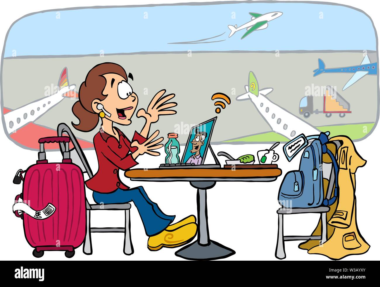 Frau mit einer Videokonferenz in der Flughafen-lounge Stock Vektor