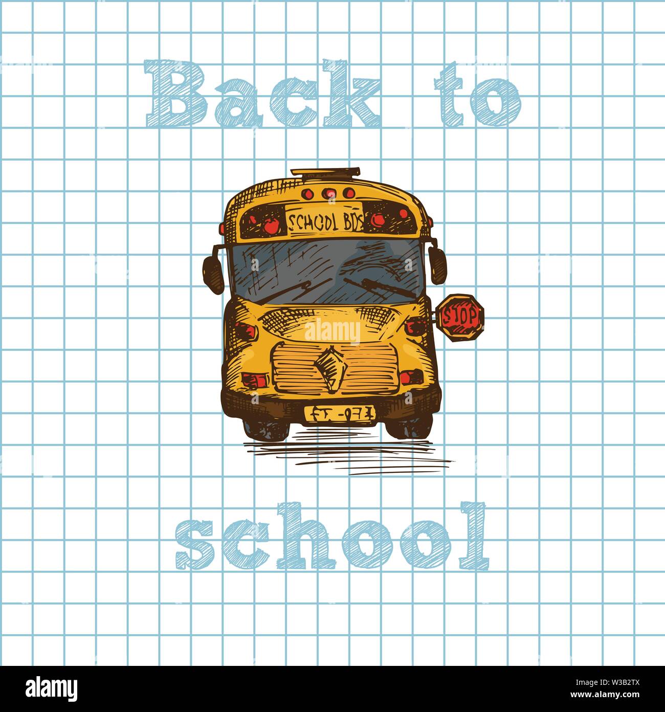 Hand yellow School Bus Symbol auf dem Notebook nahtlose Hintergrund dargestellt. Mit Text zurück in die Schule. Vintage Hintergrund. Gute Idee für Stationsübersicht Stock Vektor