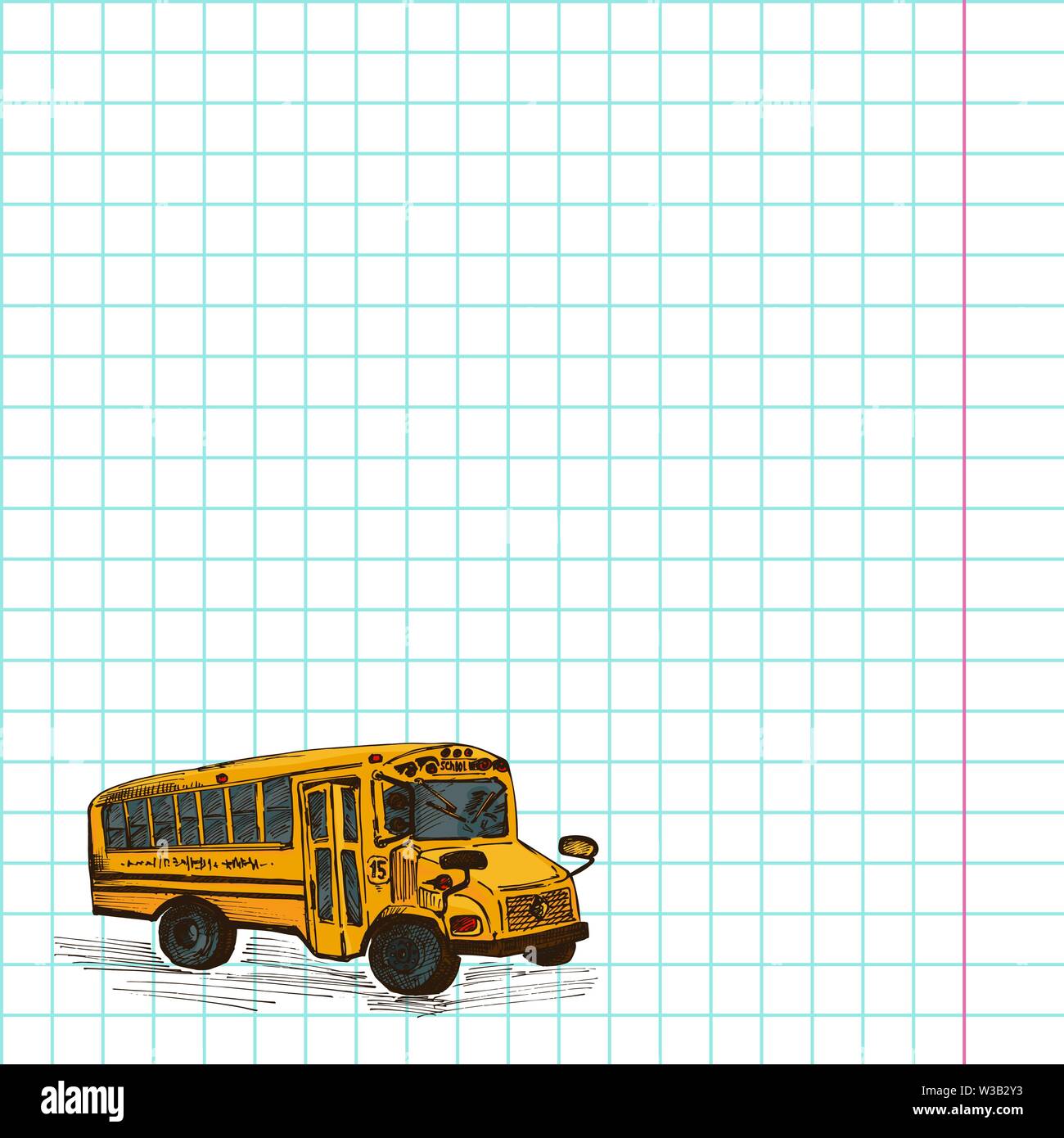 Papier Zelle Notebook mit Hand gezeichnete Skizze yellow School Bus Symbol Zurück zu Schule Thema Bildung Konzept Jahrgang illustration Grafik Element Stock Vektor