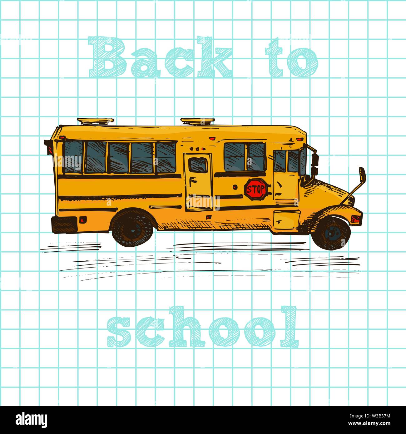 Hand yellow School Bus Symbol auf dem Notebook nahtlose Hintergrund dargestellt. Mit Text zurück in die Schule. Vintage Hintergrund. Gute Idee für Stationsübersicht Stock Vektor