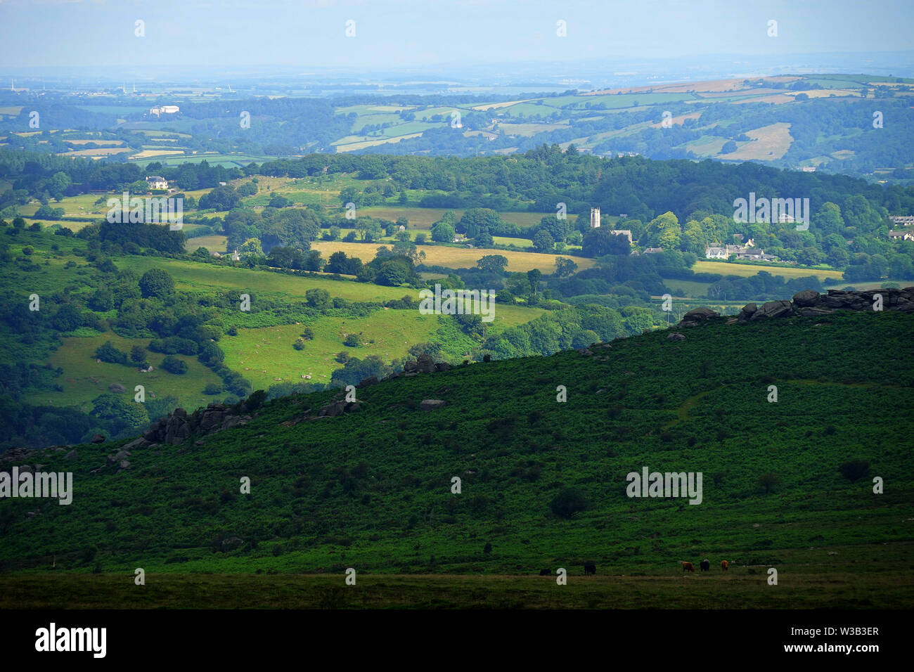 Eine Ansicht von Haytor zu Manaton Stockfoto