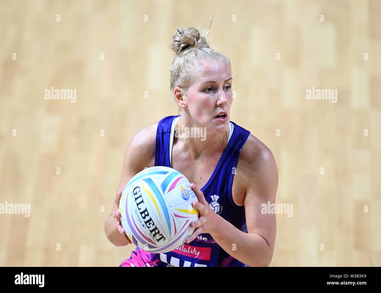 Liverpool, Großbritannien. 14. Juli 2019. Nicola McCleery (Schottland) während der vorläufigen Spiel zwischen Uganda und Schottland an der Netball World Cup. M- und S-Arena, Liverpool. Merseyside. UK. Kredit Garry Bowdenh/SIP-Foto Agentur/Alamy leben Nachrichten. Stockfoto