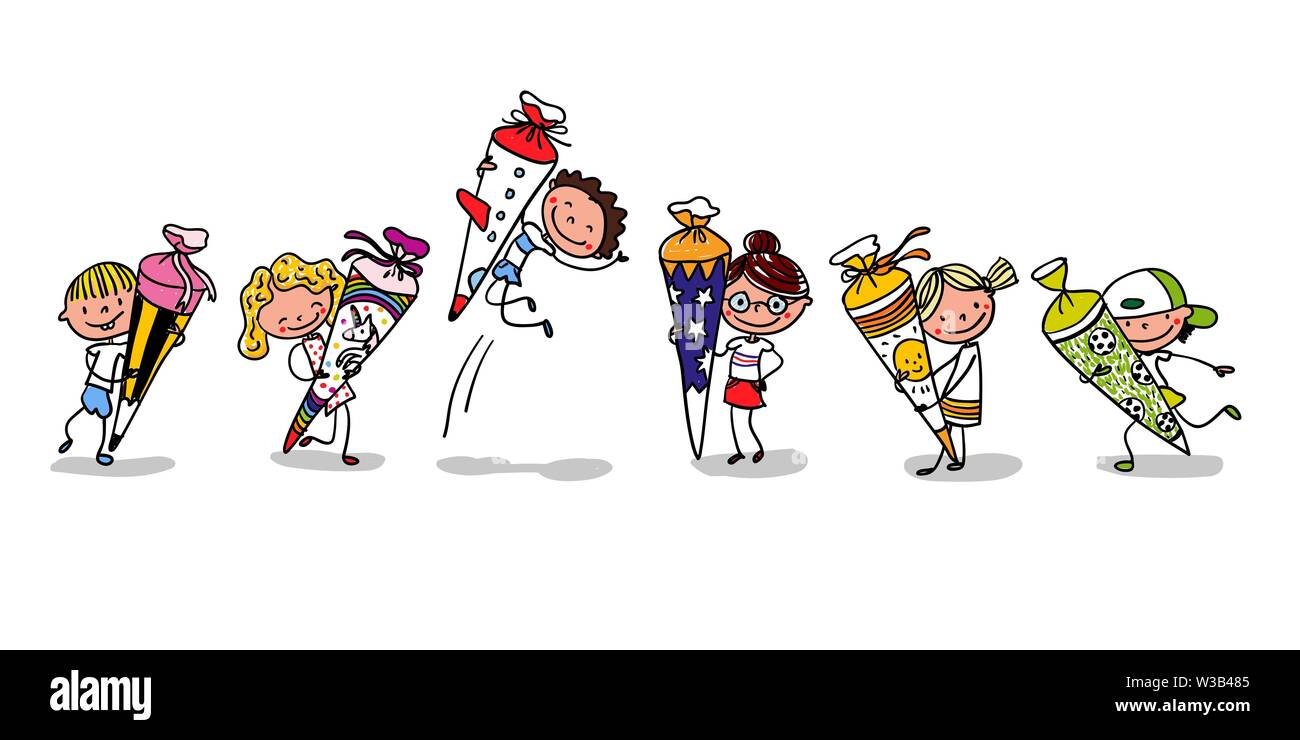 Der erste Schultag - aufgeregte Kinder mit der Schule Kegel - Hand gezeichnet Vector Illustration für Begrüßung oder einladungskarte Design Stock Vektor