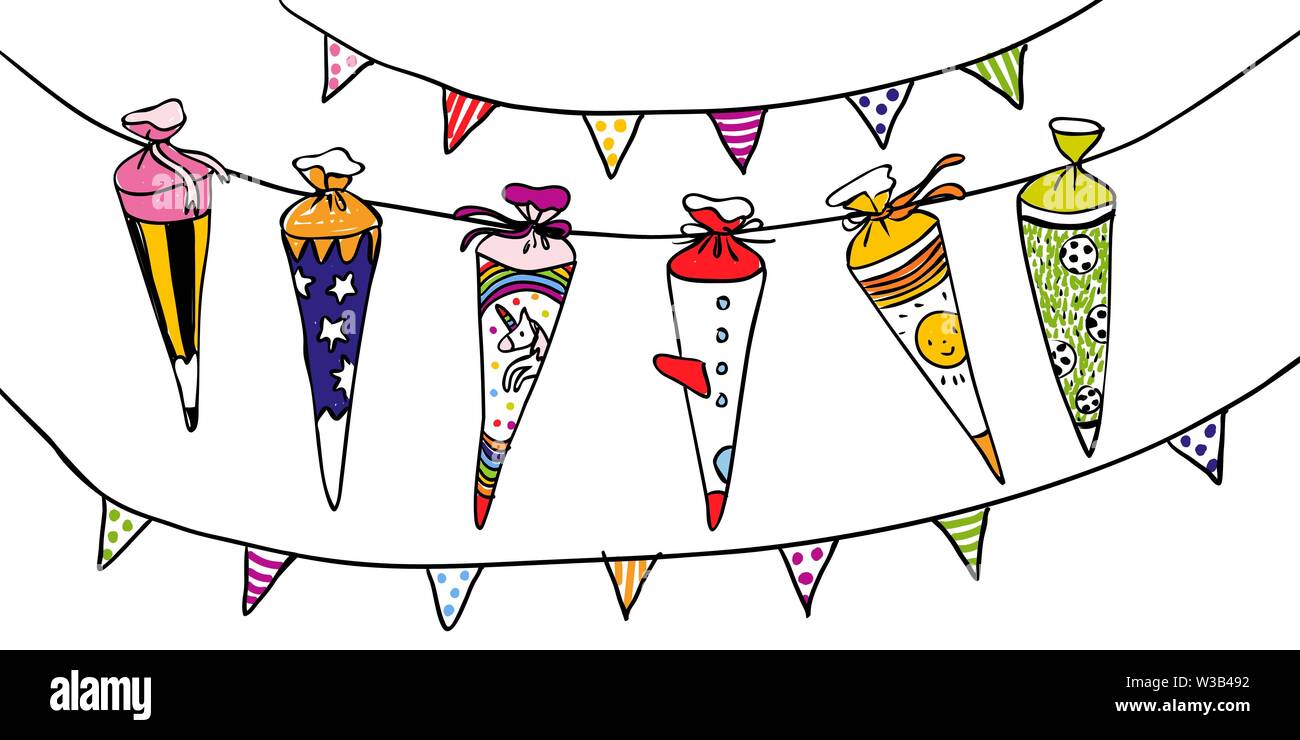 Der erste Schultag Party - Bunte Schule Kegel mit Dekoration - Hand gezeichnet Vector Illustration für Grußkarten-Design Stock Vektor