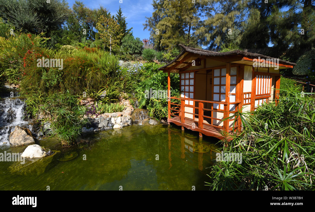 Japanischer Garten mit Pagode und Teich Stockfoto