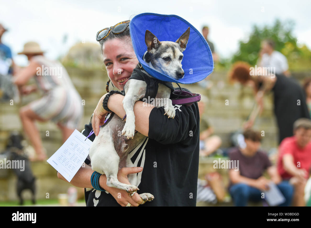 Brighton UK 14. Juli 2019 - Hunde und ihre Besitzer zu erhalten, die für eine Mischung aus Disco und ein Spiel von Bingo, da sie Teil der Welt Premier der Doggy Pop Bingo Disco Show im Brighton Open Air Theater heute. Foto: Simon Dack/Alamy leben Nachrichten Stockfoto