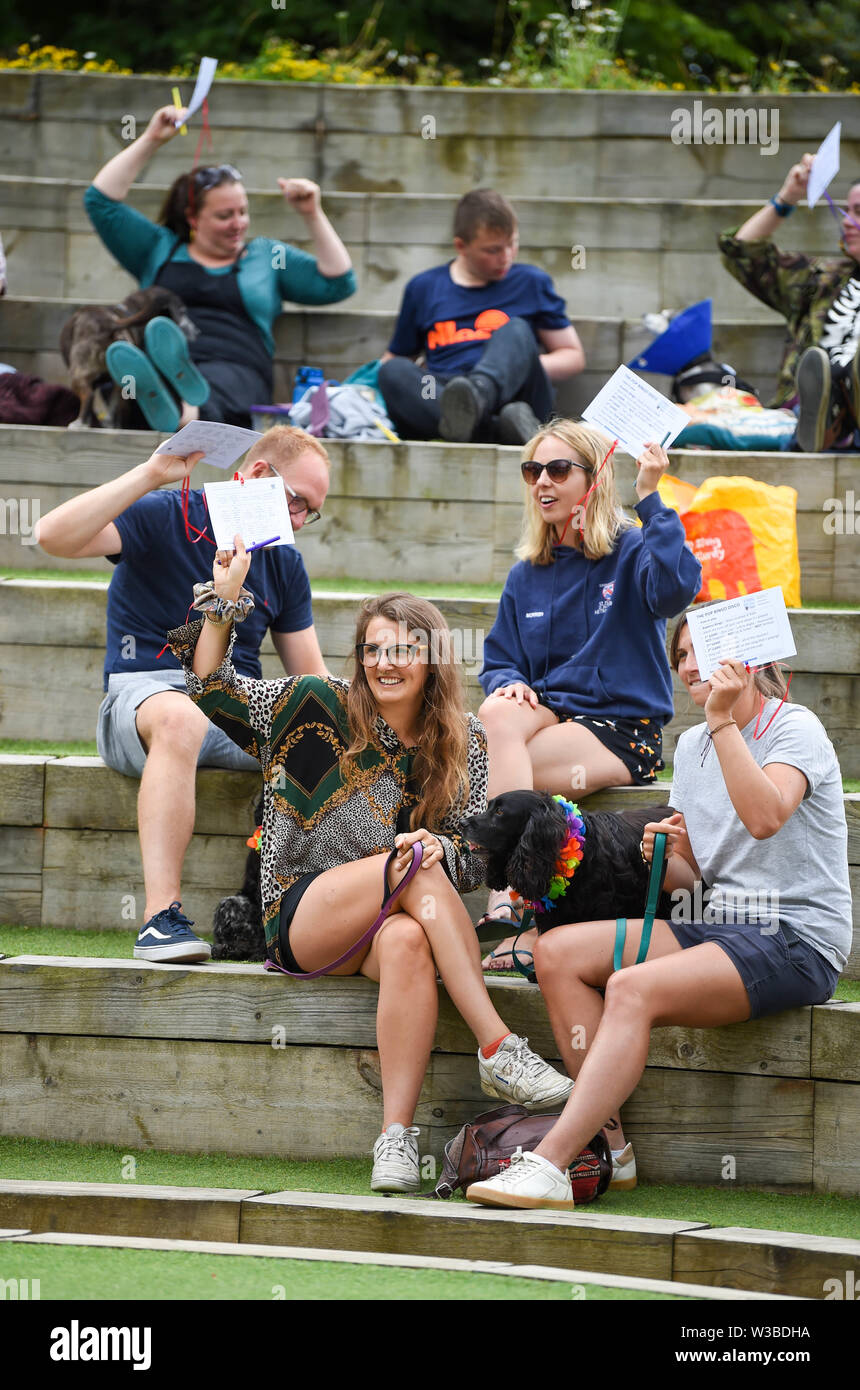 Brighton UK 14. Juli 2019 - Hunde und ihre Besitzer zu erhalten, die für eine Mischung aus Disco und ein Spiel von Bingo, da sie Teil der Welt Premier der Doggy Pop Bingo Disco Show im Brighton Open Air Theater heute. Foto: Simon Dack/Alamy leben Nachrichten Stockfoto