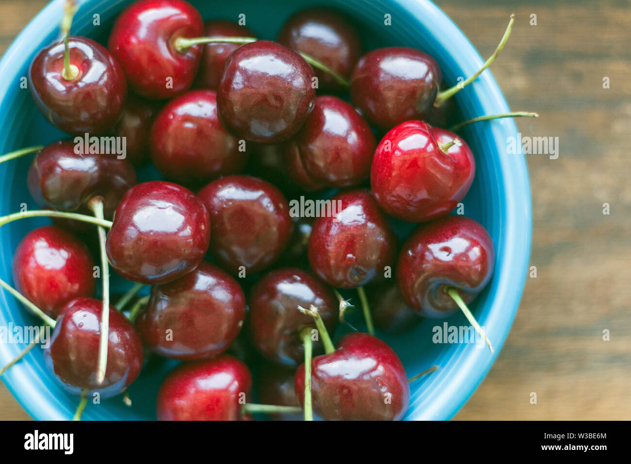 Die roten Kirschen (Prunus Avium) Kontrast mit blauer Schüssel in dieser Nahaufnahme. Stockfoto