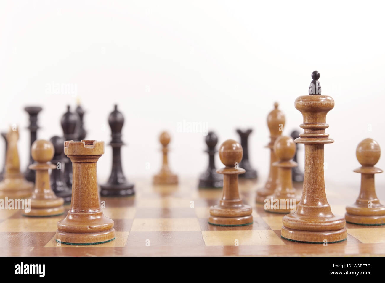 Schach spiel. Alte Holz- Schachfiguren auf dem Schachbrett auf weißem Hintergrund. Interessante Moment einer Partie Schach Tal-Geller im Internationalen Schach Stockfoto