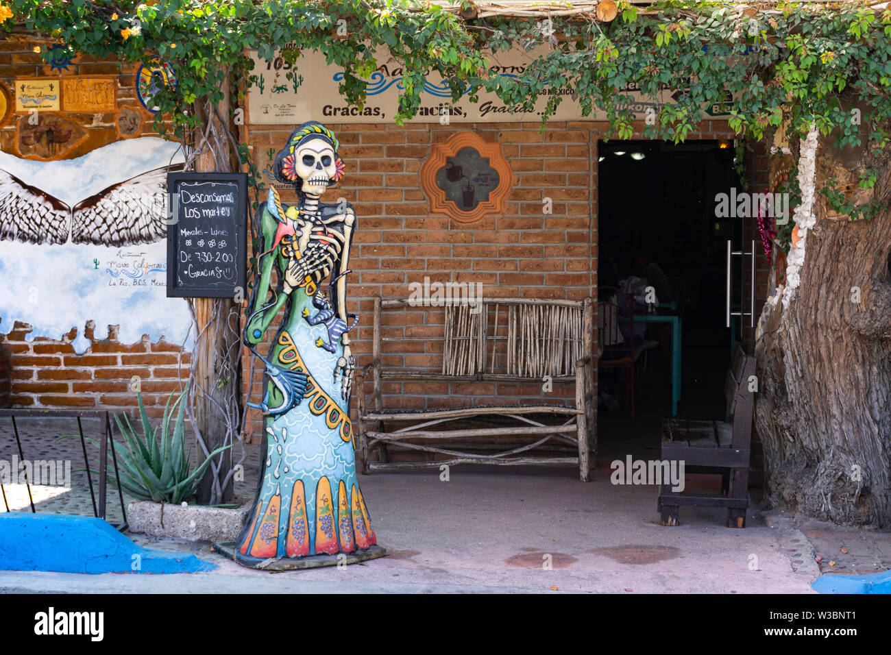 La Paz, Mexiko - Januar 31,2019: Eine bunte Leben Puppe, Vertreter der mexikanischen Dias del Los Muertos, steht vor einer Tür Eingang Stockfoto