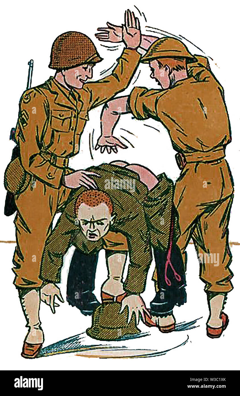 WWII satirische Karikatur - die Alliierten (Britische und Amerikanische Soldaten) symbolisch spanking Deutschland Stockfoto