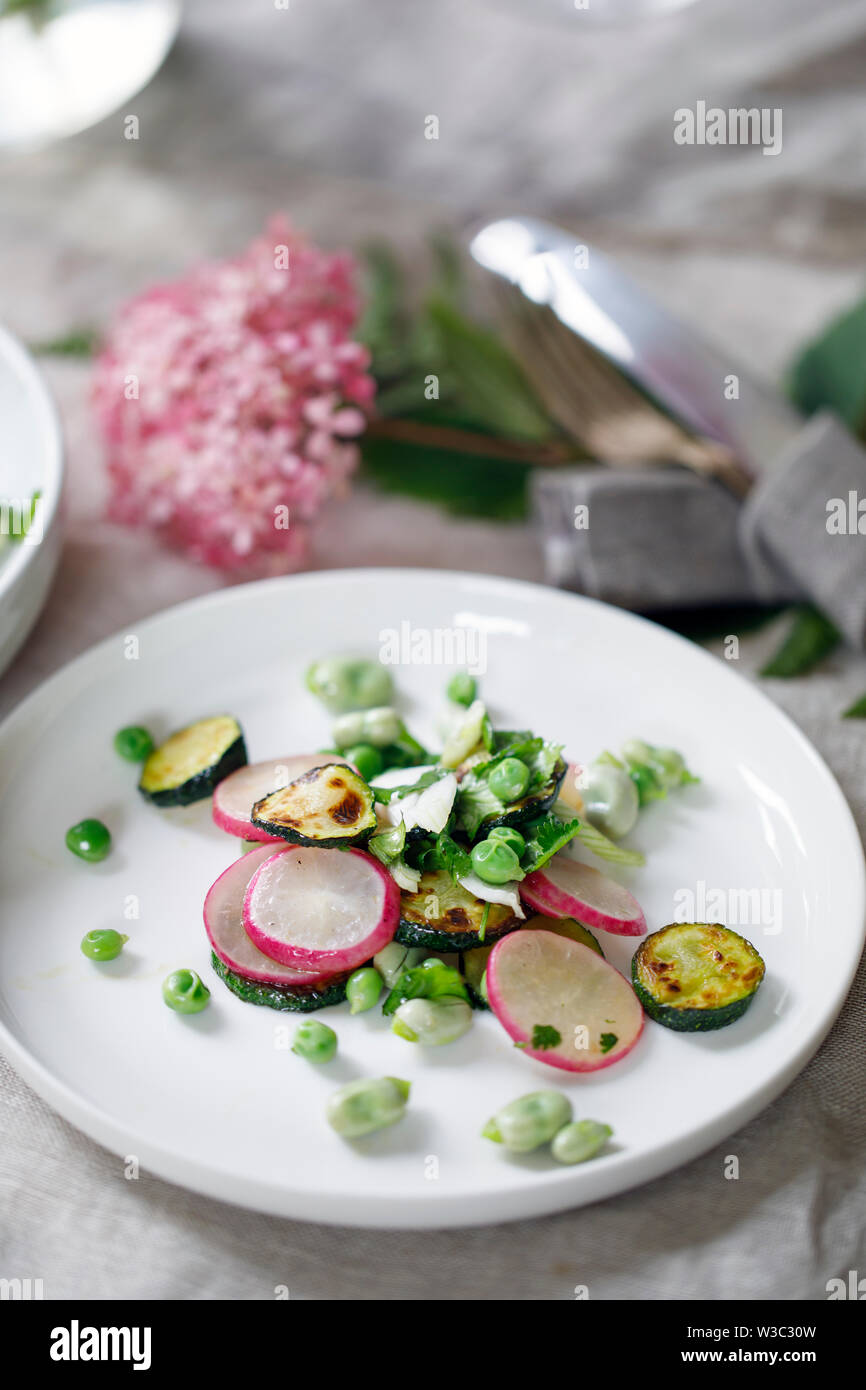 Frischen Gartensalat mit Bohnen, grüne Erbsen, Radieschen und Zucchini Stockfoto