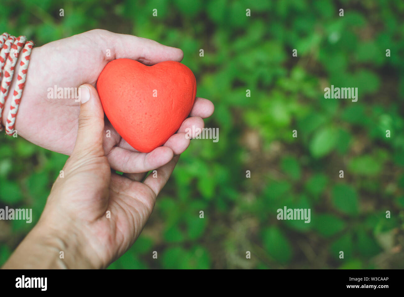 Leute Beziehung Und Liebe Konzept Weibliche Und Mannliche Hande Halten Roten Herzen Auf Grunem Hintergrund Stockfotografie Alamy