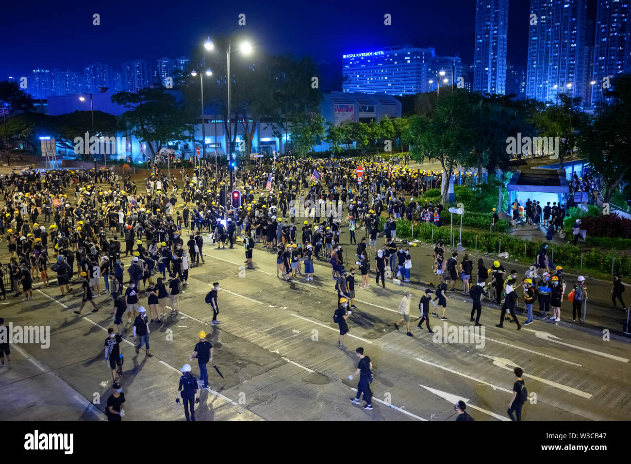 Shatin, Hong Kong - 14 Juli, 2019: Protest in Hongkong gegen Auslieferung Gesetz, das in Polizei Konflikt eskalieren. Stockfoto