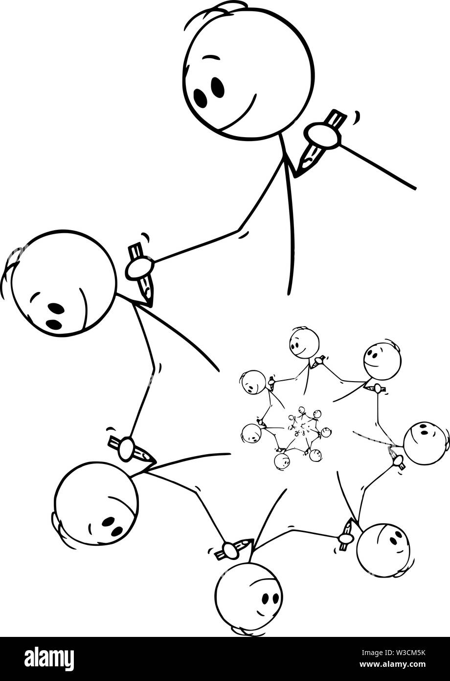 Vektor cartoon Strichmännchen Zeichnen konzeptionelle Darstellung der fractal Element der Männer oder der Künstler Zeichnen mit Bleistift Erstellen von endlosen Spirale design Element. Stock Vektor