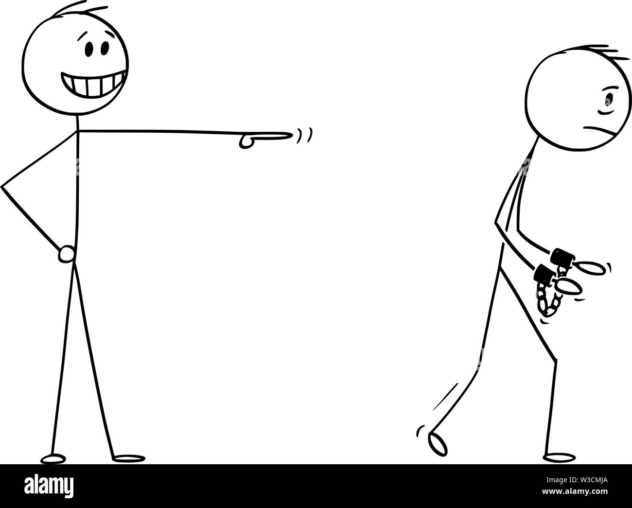 Vektor cartoon Strichmännchen Zeichnen konzeptionelle Darstellung der Geschäftsmann, ein verspotten oder lächerlich machen Mann ins Gefängnis mit Fesseln oder Handschellen an Händen zu gehen. Stock Vektor