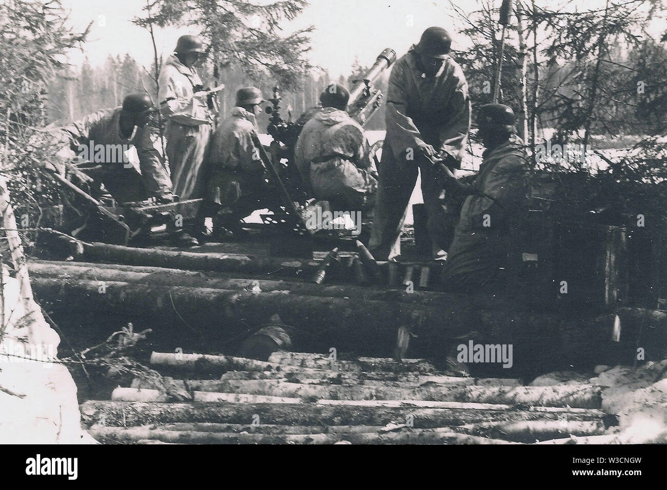 Deutsche Soldaten in Weiß Camouflage Parkas Feuer eine 75 mm Mountain Haubitze aus einer Pistole Plattform auf der nördlichen Sektor der russischen Front 1942 Stockfoto