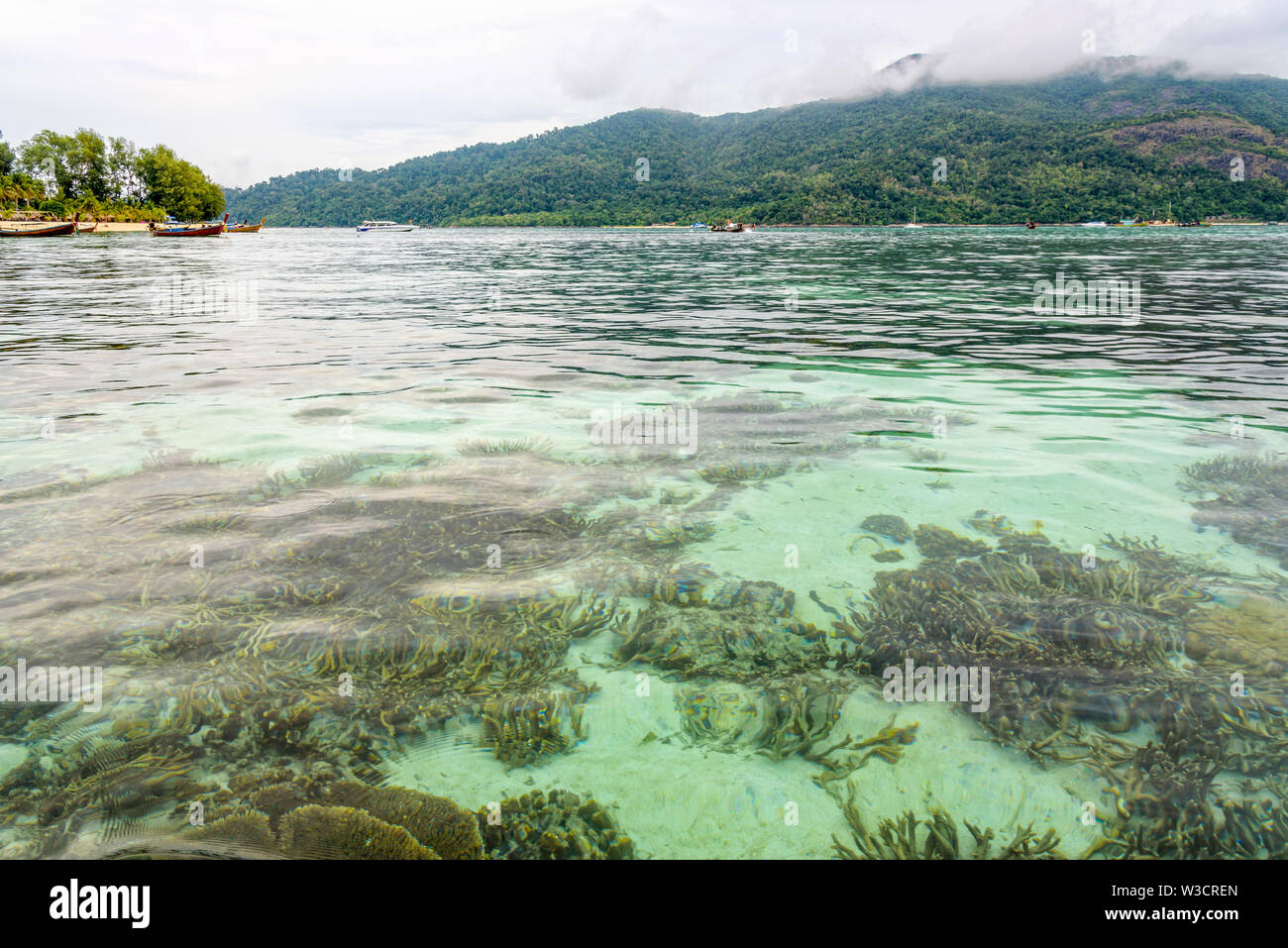 Schöne Natur Landschaft klar grün Meer Wasser blicken auf den flachen Korallenriffen von Koh Lipe Insel, siehe Ko Adang Insel als Hintergrund im Blue Sky Stockfoto