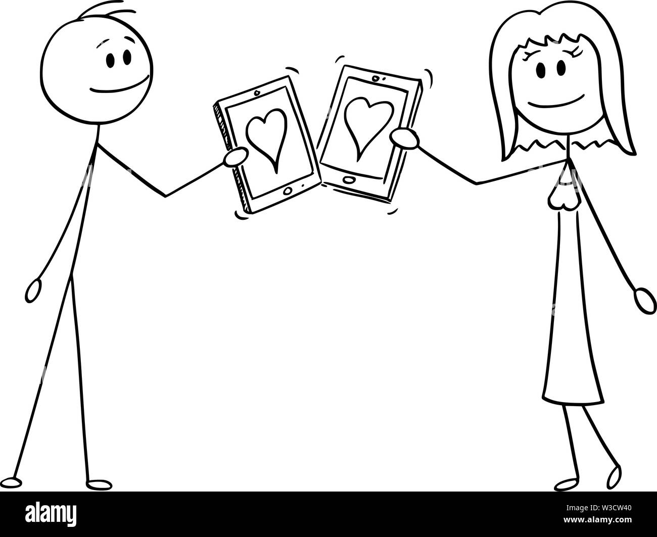 Vektor cartoon Strichmännchen Zeichnen konzeptionelle Darstellung der Paare von Mann und Frau auf Datum, die jedem anderen Herzen auf dem mobilen Gerät, Tablet-PC oder Telefone oder Handys oder Smartphones. Stock Vektor
