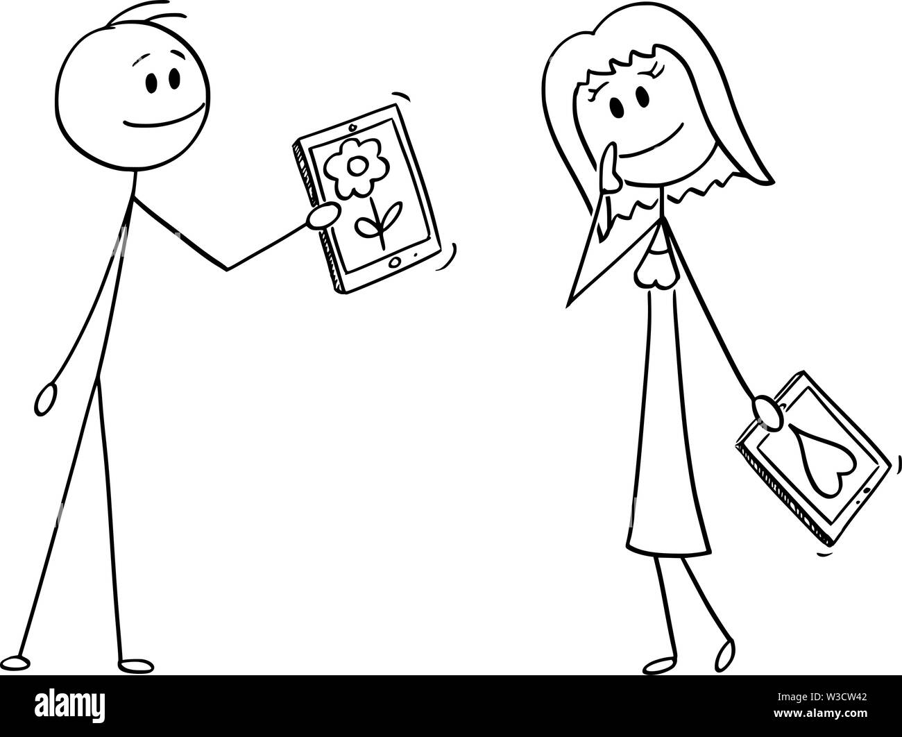 Vektor cartoon Strichmännchen Zeichnen konzeptionelle Darstellung der Paare von Mann und Frau auf Datum, Mann os ihr Blume auf dem mobilen Gerät, Tablet-PC oder Handy. Stock Vektor