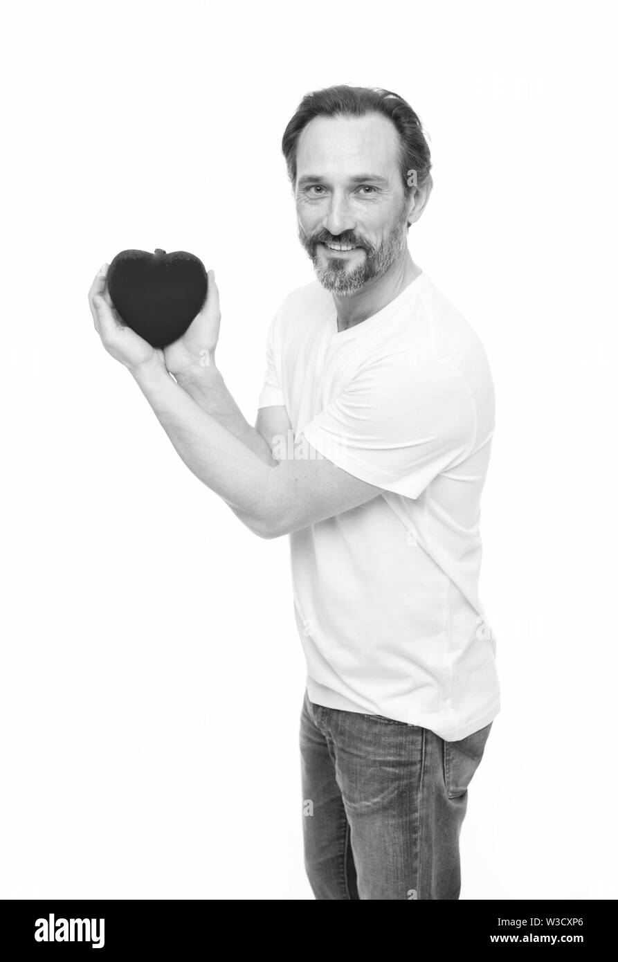 Alles, was Sie brauchen, ist die Liebe. Liebe. Probleme mit Herz. Herztransplantation. Urlaub Feier. Mann mit Bart. Dekorative für Valentines Tag. Reifen bärtiger Mann mit roten Herzen. Valentines Tag. Health Care. Stockfoto