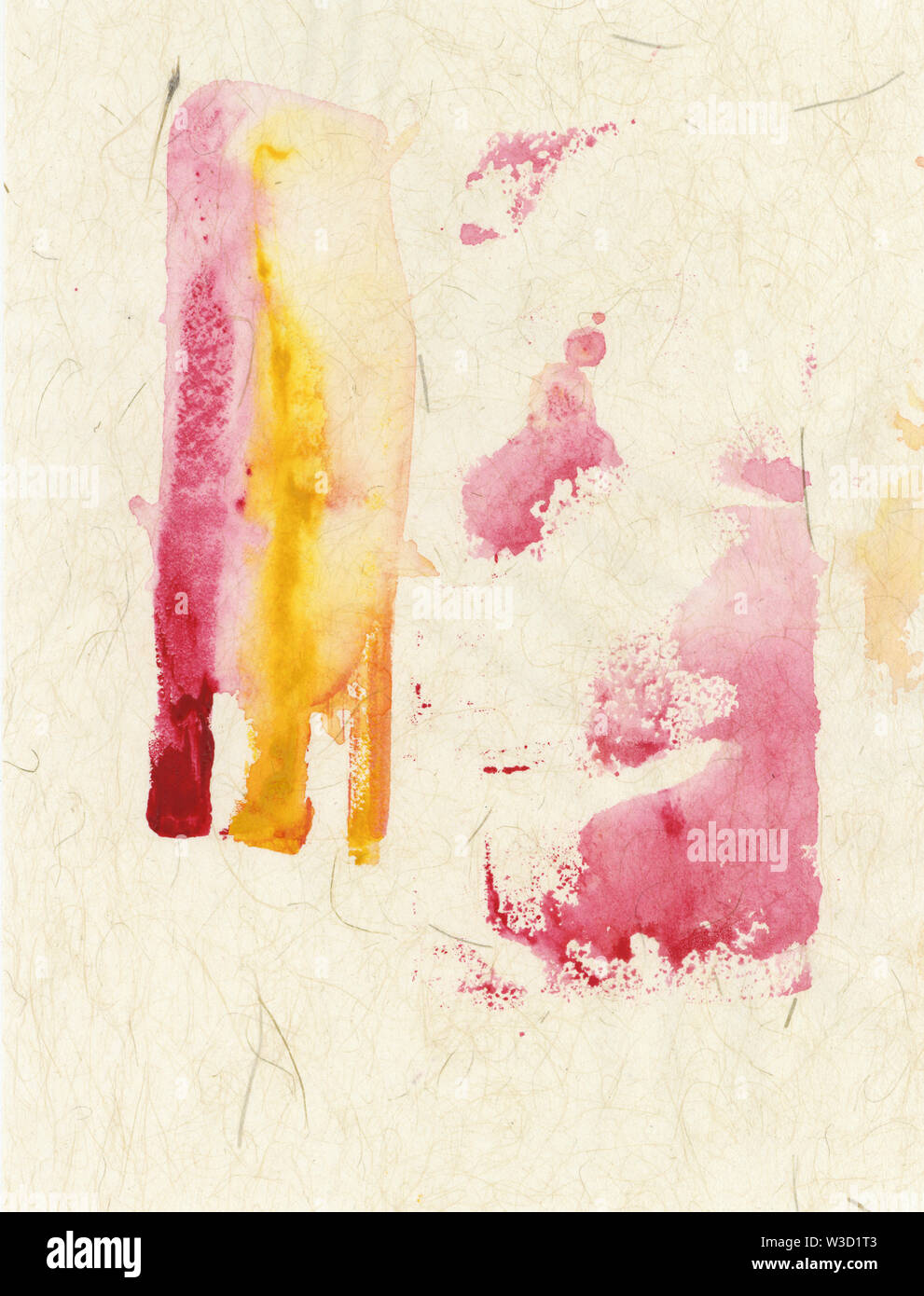 Abstrakte Kunst Farbfeldmalerei mit Tintenflecken und bemalten Flecken und Collage Elemente mit handgefertigten Kunsthandwerk asiatische japanische Papier. Stockfoto