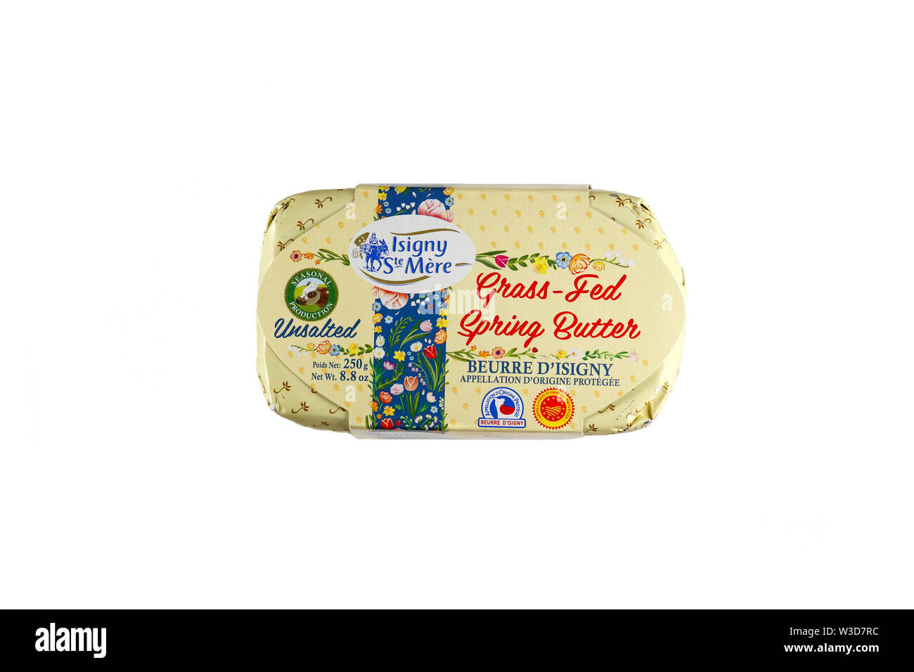 Isigny Ste Mere Spring Butter isoliert auf weißem Hintergrund. Ausschnitt Bild für Illustration und redaktionelle Verwendung. französisch Butter. Stockfoto